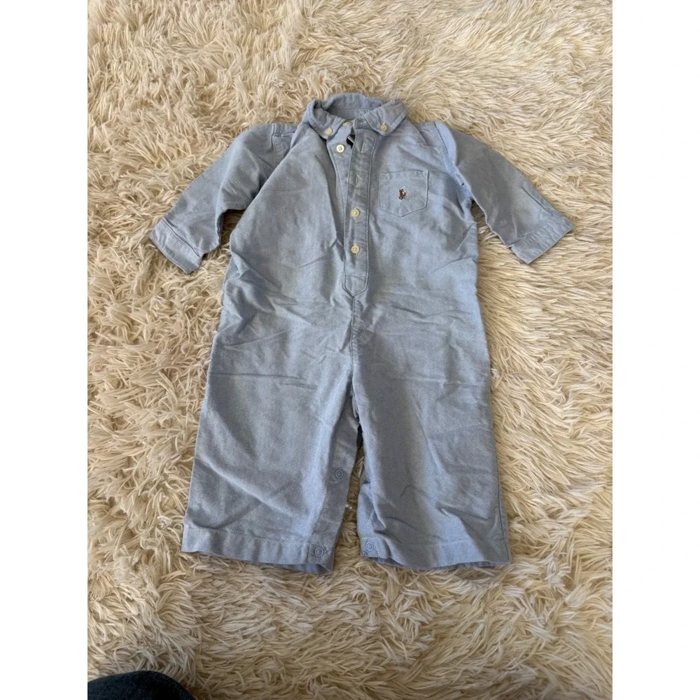 Ralph Lauren Baby Boys Bundle 3 Blue Hooded‎ Romper & Chambray Button Up Set 9M